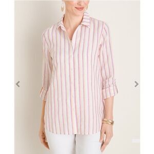 Chico’s Linen Metallic Striped Roll-Tab Button Front Shirt NEW Size 1